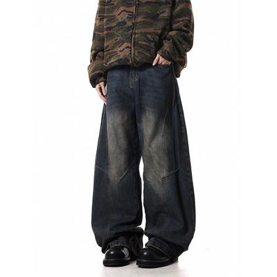 复古水洗解构弯刀牛仔裤男女宽松直筒美式休闲阔腿baggy拖地裤潮