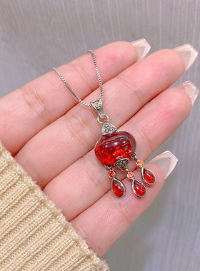 古韵如意锁红锆石项链项坠锁骨链