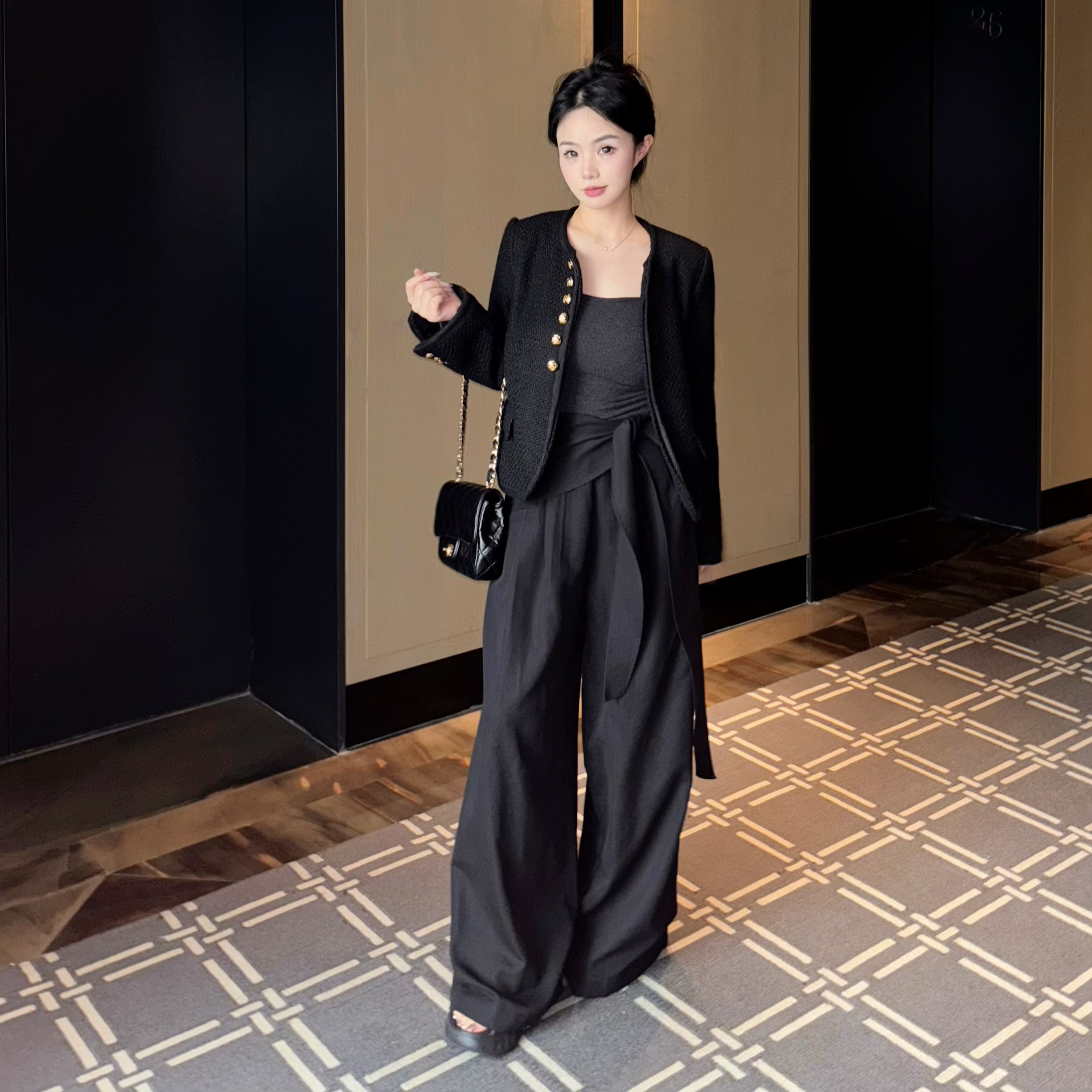 自在小个子时髦不对称松弛感黑色绑带阔腿裤女垂感高腰休闲长裤