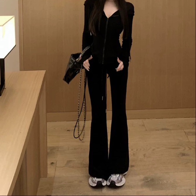 自在小个子高频神裤低腰罗纹加绒喇叭卫裤女秋冬百搭垂感休闲裤