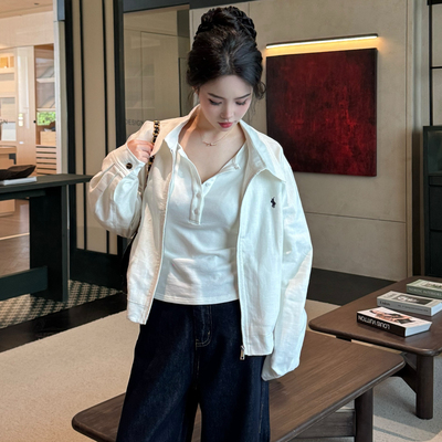 自在小个子苎麻棉RL刺绣白色松弛感长袖翻领夹克女休闲拉链短外套