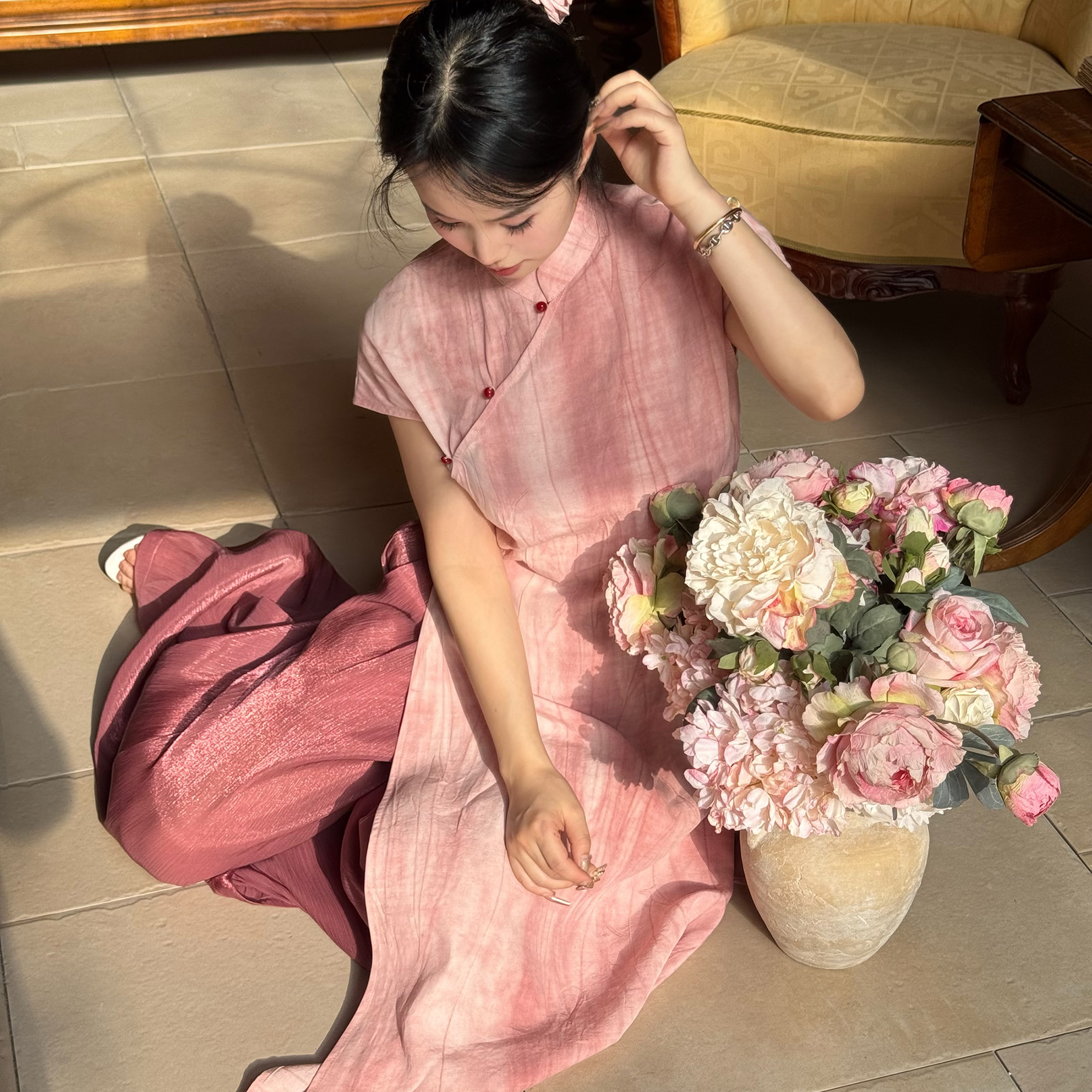 小个子新中式亚麻天丝透气旗袍