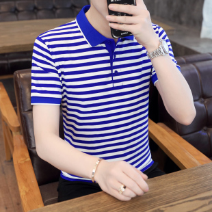 蒙蝶依夏季纯棉条纹翻领POLO衫男短袖商务休闲海魂衫翻领海军衫潮