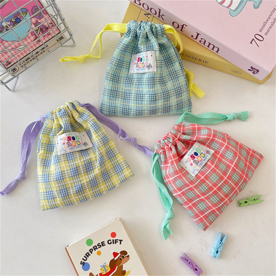 夏日撞色格子抽绳束口收纳小布袋