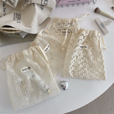 蕾丝网纱刺绣雏菊花朵束口收纳袋