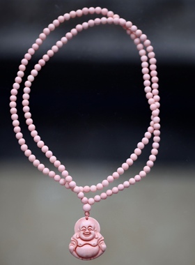 天然深海珊瑚贝弥勒佛毛衣链女款