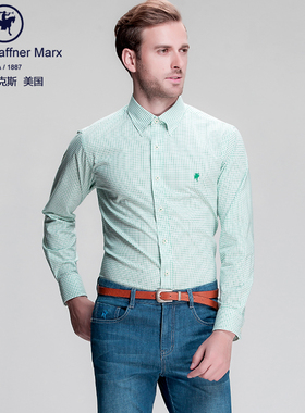 专柜1290元雅戈尔hsm衬衫男长袖纯棉绿色小格子休闲衬衣12437QBA