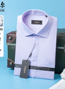 专柜720雅戈尔短袖衬衫男DP免烫商务淡紫纯棉衬衣夏GSDP10171LJA
