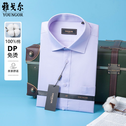 专柜720雅戈尔短袖衬衫男DP免烫商务淡紫纯棉衬衣夏GSDP10171LJA