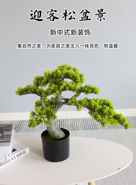 新中式仿真迎客松树客厅玄关入户盆景酒店软装饰办公室微景观摆件