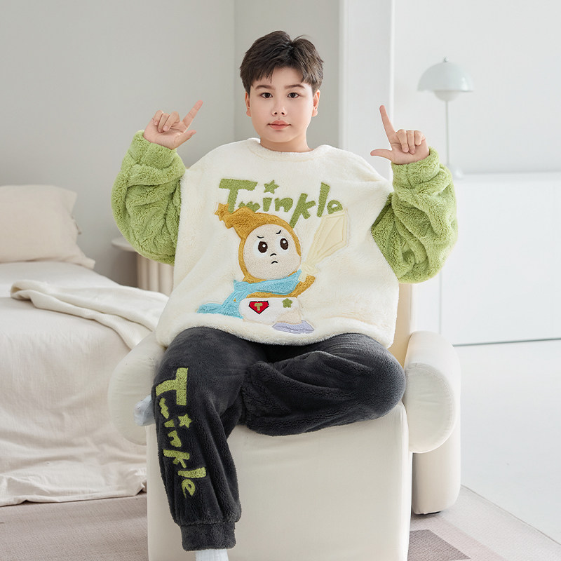 胖童睡衣男童冬季珊瑚绒加大加肥家居服套装