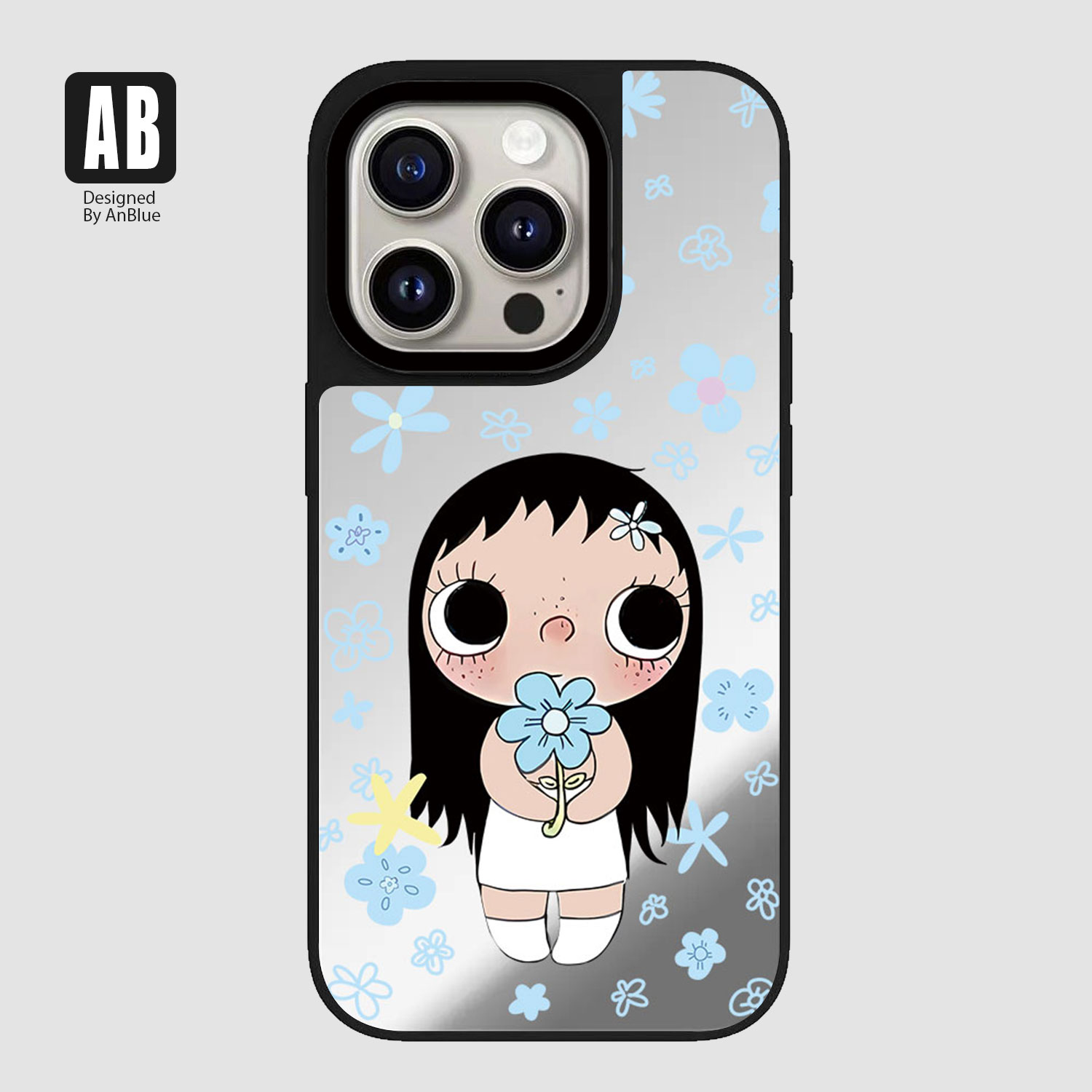 可爱呆萌yuy玉女孩花朵镜面苹果16pro手机壳iphone15max韩国14卡通13补妆12镜子11plus蓝色XR保护套17Air适用
