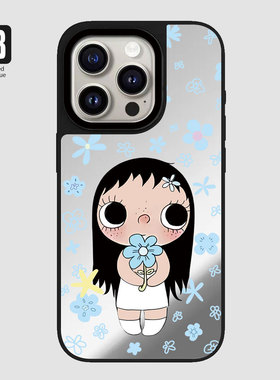 可爱呆萌yuy玉女孩花朵镜面苹果16pro手机壳iphone15max韩国14卡通13补妆12镜子11plus蓝色XR保护套17Air适用