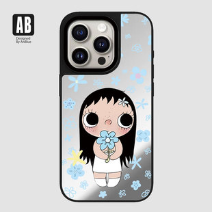 可爱呆萌yuy玉女孩花朵镜面苹果16pro手机壳iphone15max韩国14卡通13补妆12镜子11plus蓝色XR保护套17Air适用
