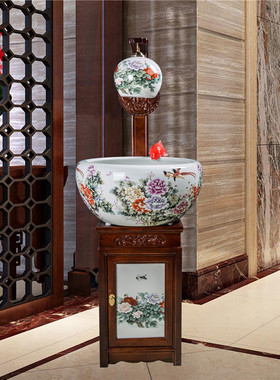 景德镇陶瓷流水鱼缸粉彩牡丹花木柜子带灯加湿龟盆中式家居摆件