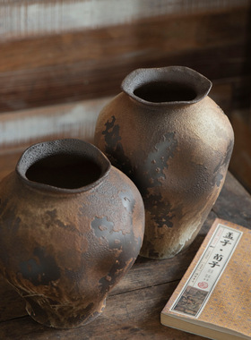 复古怀旧插花陶罐侘寂风陶瓷花瓶新中式花器客厅书房装饰品鲜花