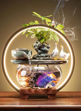 创意流水摆件客厅桌面招财玻璃鱼缸循环水族箱中式开业乔迁礼品