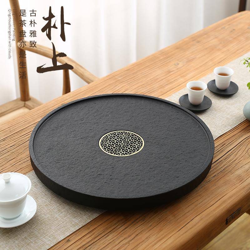 整块天然乌金石茶盘简约圆形石头茶台家用茶海日式功夫茶具托盘