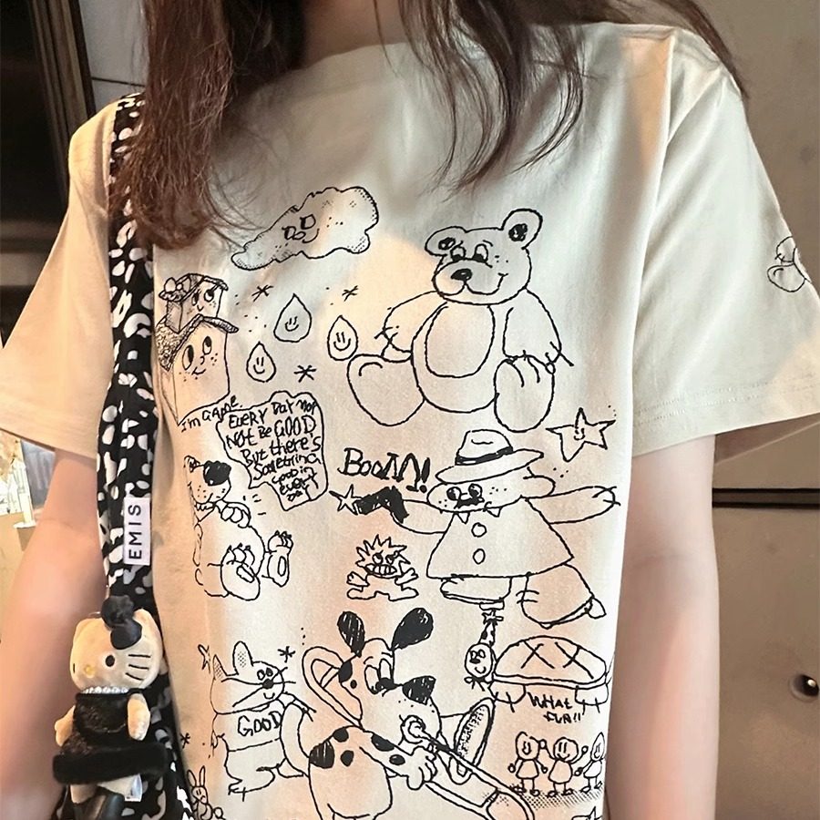 小熊印花短袖简约卡通T恤女夏季图片