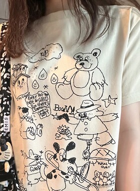 线条小熊刺绣+印花夏季可爱童趣简约T恤宽松纯棉圆领短袖韩版女