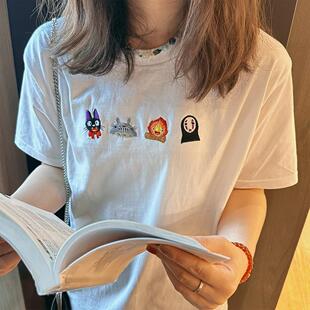 刺绣日系复古休闲简约百搭新款 t恤宽松显瘦百搭圆领上衣 卡通短袖