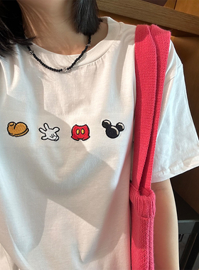 刺绣米奇休闲简约百搭夏季新款卡通短袖t恤宽松显瘦百搭圆领上衣