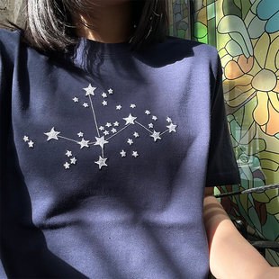 星座刺绣ins复古简约重磅纯棉百搭休闲短袖宽松t恤夏季上衣正肩潮