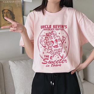 马克先生自制 华夫饼娃娃卡通纯棉浅粉色奶系少女宽松220gT恤上衣