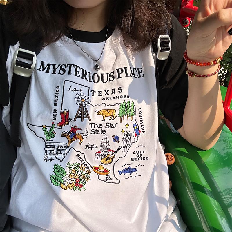 刺绣美式复古重磅纯棉t恤短袖