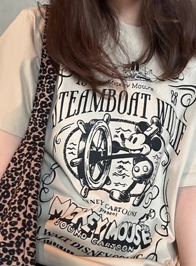 米奇卡通印花百搭纯棉休闲宽松复古精致简约日系通勤情侣短袖T恤