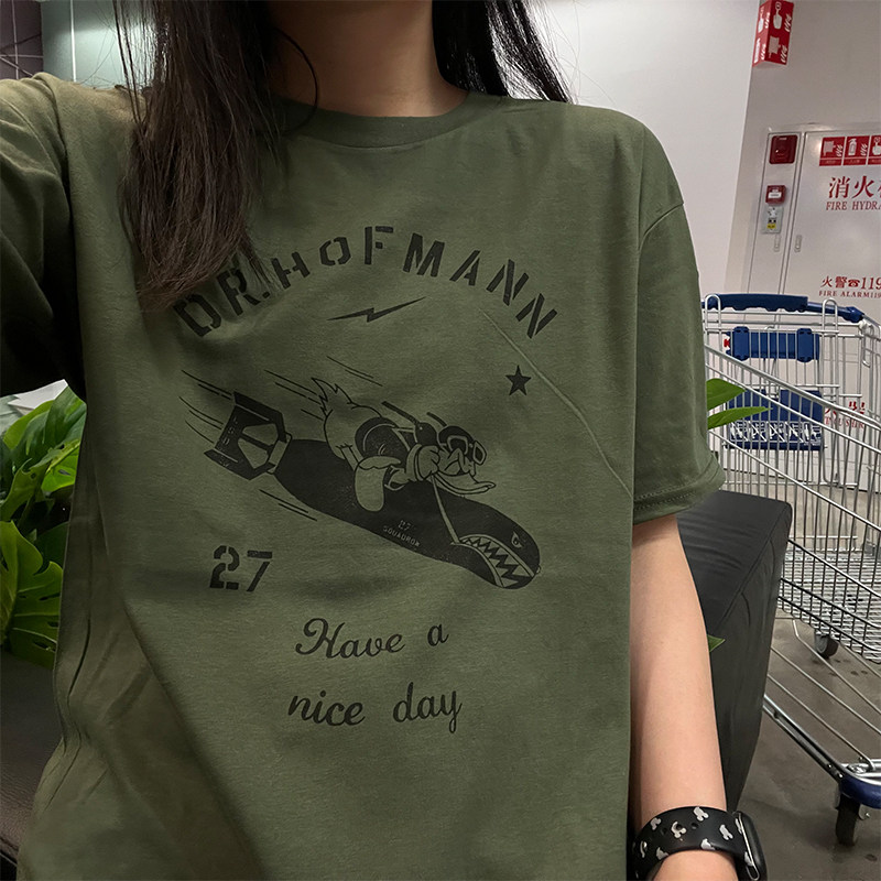 马克先生和天使娜娜唐老鸭复古文艺绿显白棉宽松情侣韩版T恤短袖