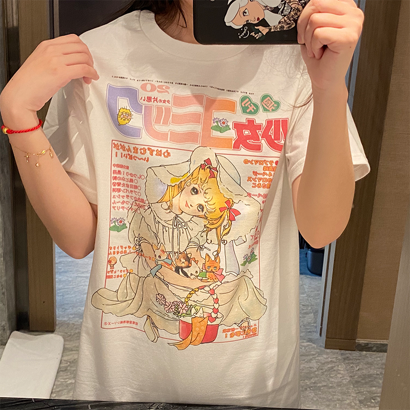 马克先生自制复古少女漫画印花日系vintage新款纯棉宽松显瘦t恤