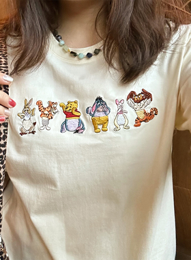 创意维尼重工卡通刺绣款复古童趣可爱百搭休闲学院棉宽松短袖T恤