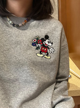 春秋宽松棉复古米奇刺绣圆领卫衣