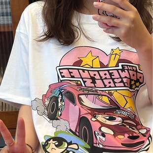 小女警正反印花卡通百搭纯棉休闲宽松复古精致简约通勤短袖 T恤潮