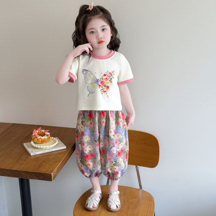 女童短袖套装夏款女宝宝薄款休闲衣服2026新款儿童防蚊裤子两件套