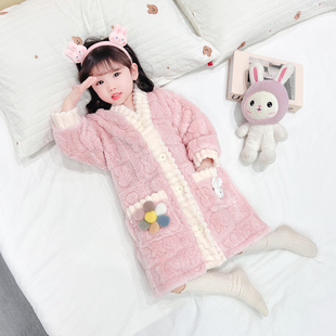 儿童睡衣法兰绒女童睡衣秋冬款长款睡袍珊瑚绒加厚保暖浴袍居家服
