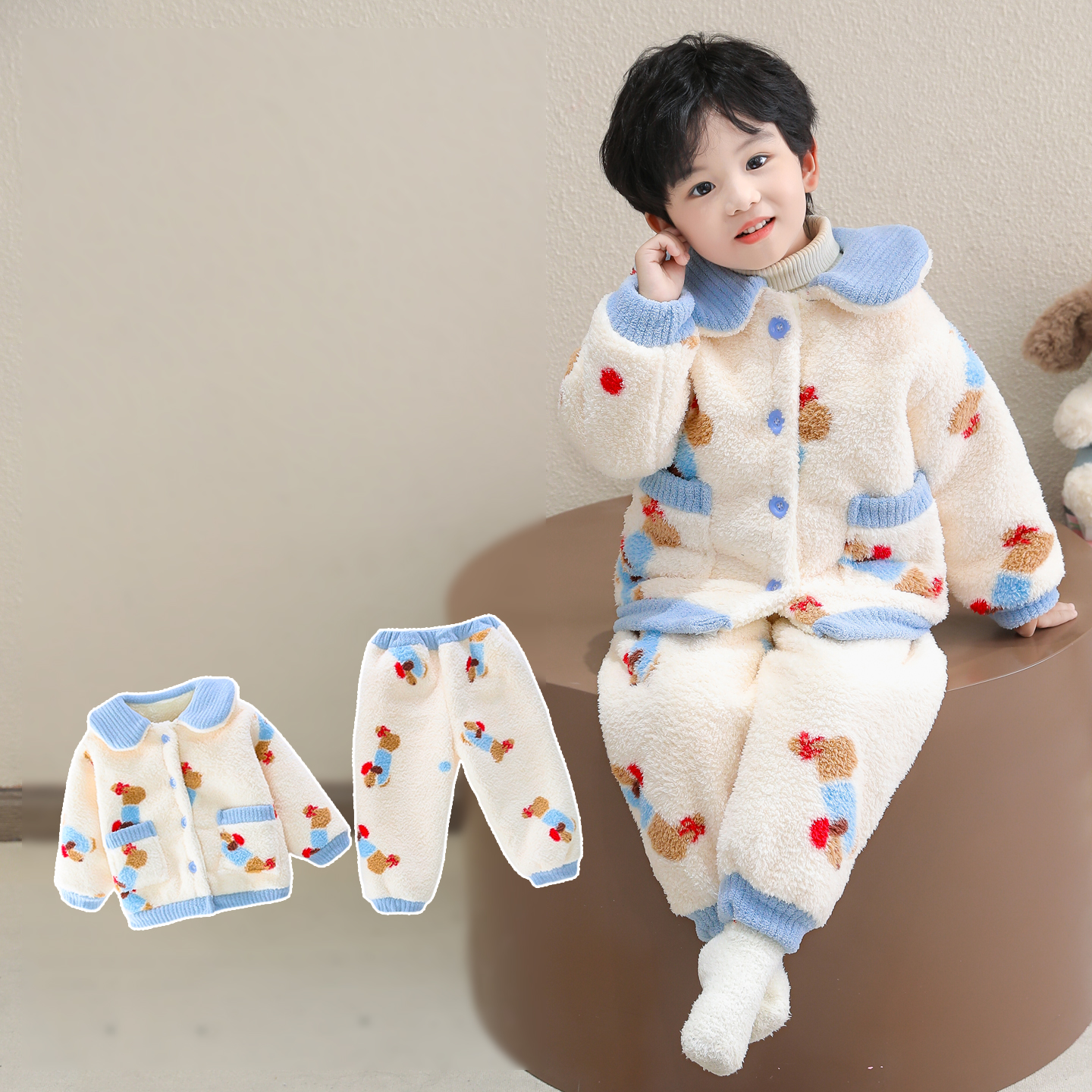 男童睡衣秋冬季法兰绒加绒加厚珊瑚绒2025新款儿童家居服宝宝男孩