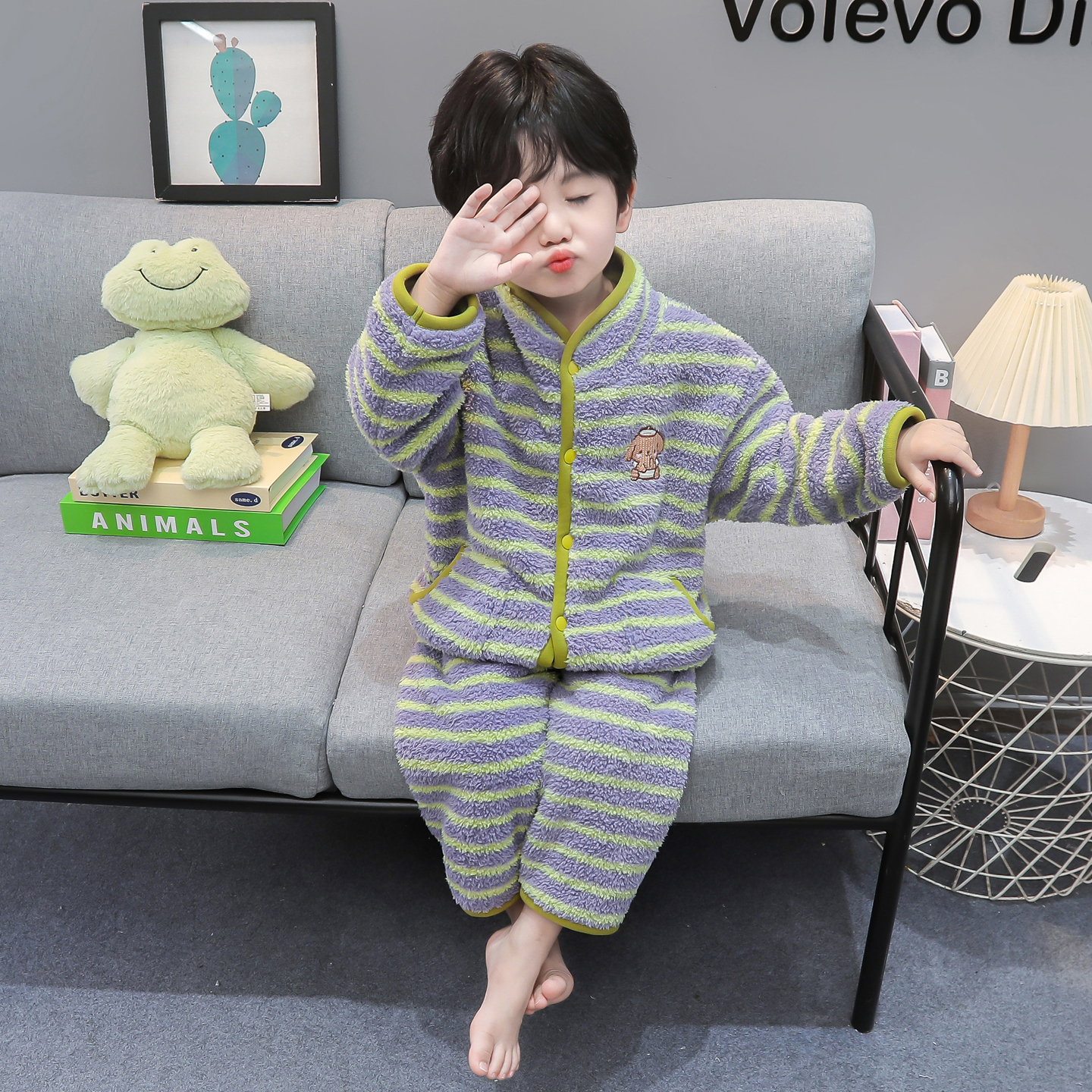 男童睡衣秋冬季米粒绒加厚珊瑚绒