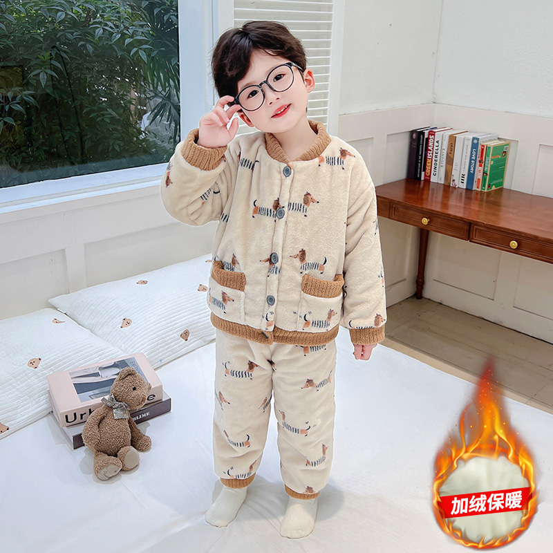 男童珊瑚绒睡衣秋冬季三层夹棉男孩加绒加厚法兰绒儿童家居服套装