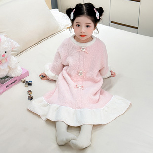 儿童浴袍秋冬季珊瑚绒2025新款女童半边绒家居裙可外穿式女孩睡袍