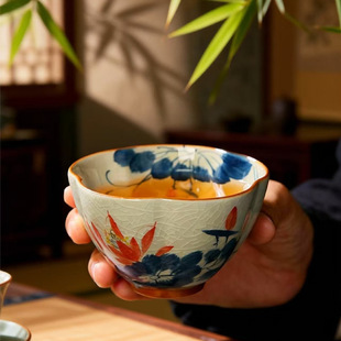 手绘荷花家用主人杯单杯复古青花竹韵品茗杯陶瓷杯功夫茶具茶杯子