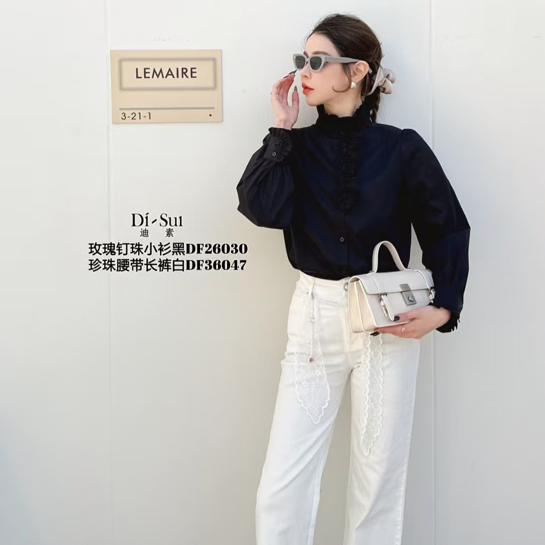 现货特价DI-SUI2025新款26030法式木耳边蕾丝拼接立领衬衫小众