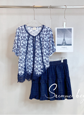 现货特价DI-SUI欧洲站2025款女装天丝亚麻蕾丝花边短袖衬衫26528