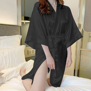 和服晨袍高级感黑色睡衣 冰丝绸睡袍女士性感纯欲浴袍日式 薄款 夏季