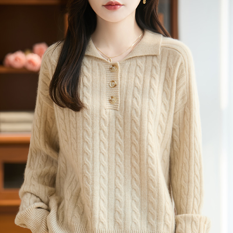 25秋冬新款100%纯羊毛衫女Polo翻领扭花宽松显瘦针织打底软糯毛衣