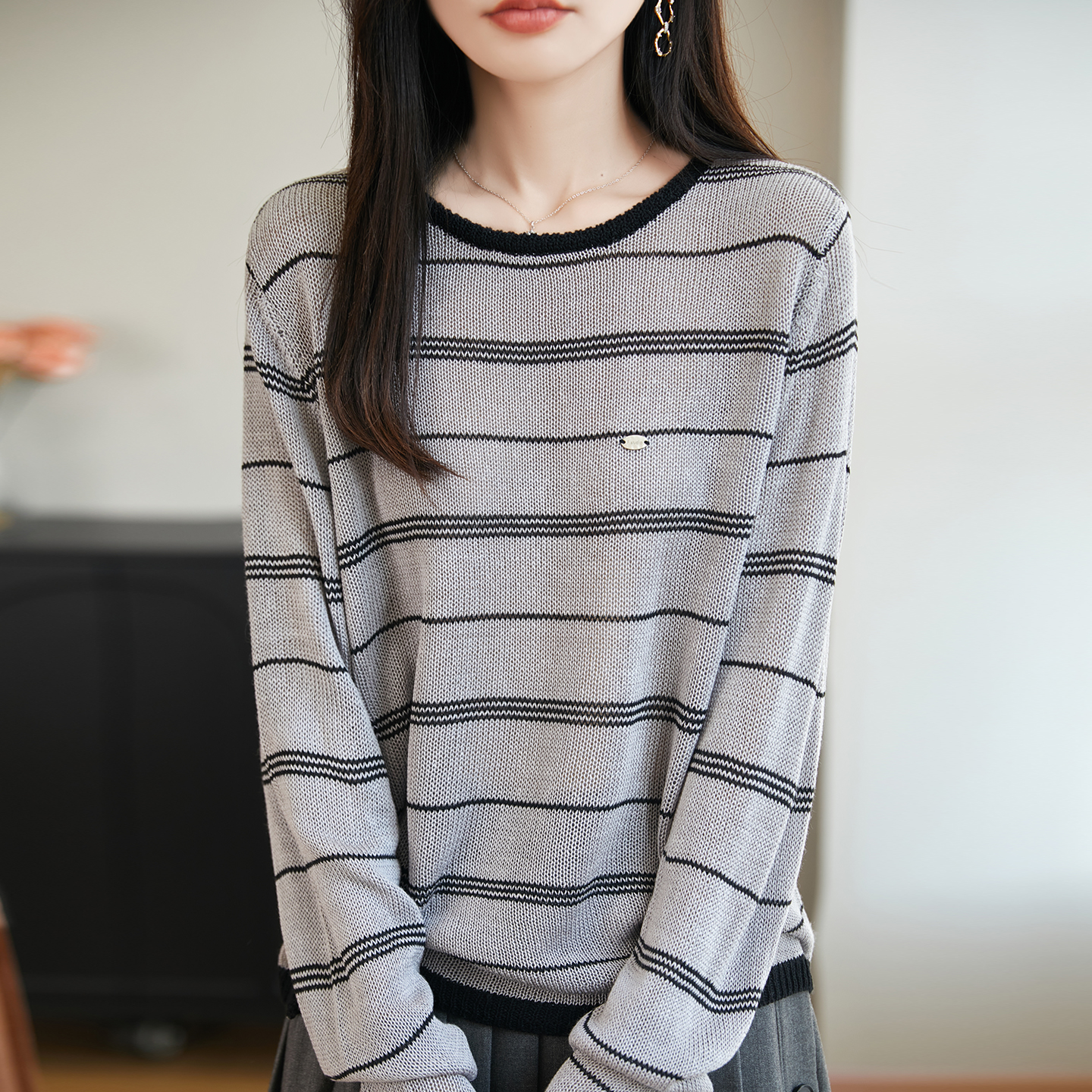 秋季亚麻条纹拼色针织衫女薄微透宽松毛衣2025新款显瘦打底衫上衣