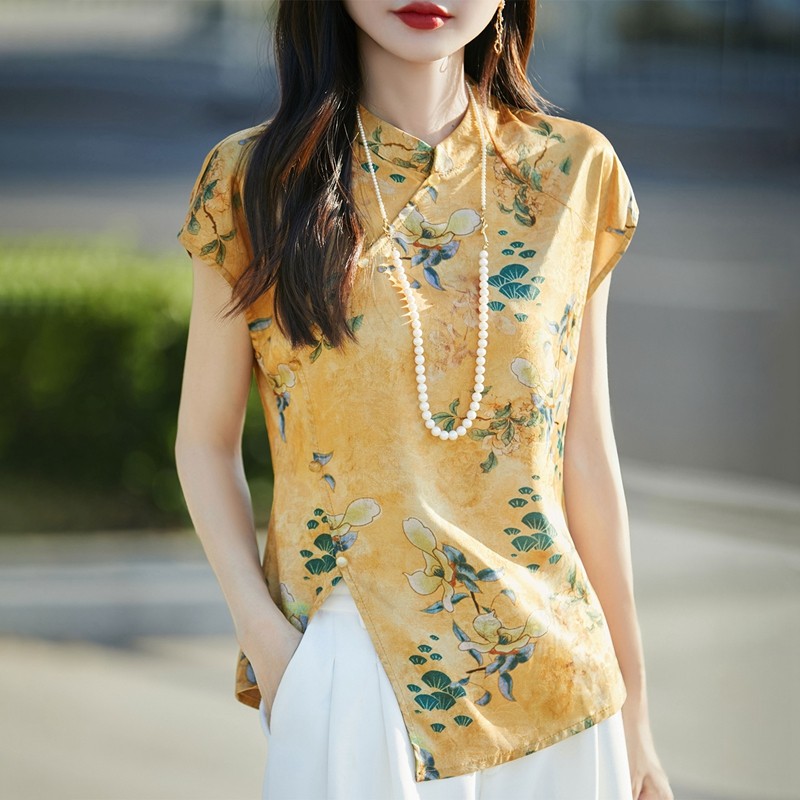 新中式国风盘扣拼色印花短袖女衬衫上衣夏季新款复古旗袍无袖背心
