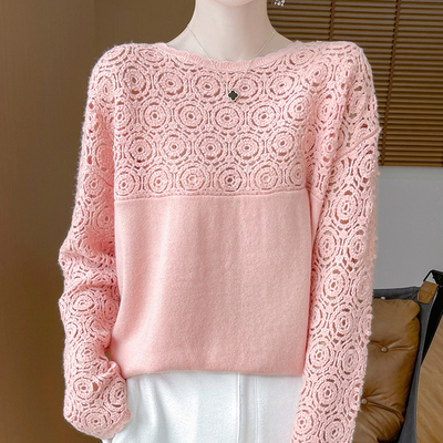 重工钩花羊毛衫女圆领纯色镂空长袖针织套头毛衣休闲百搭打底上衣