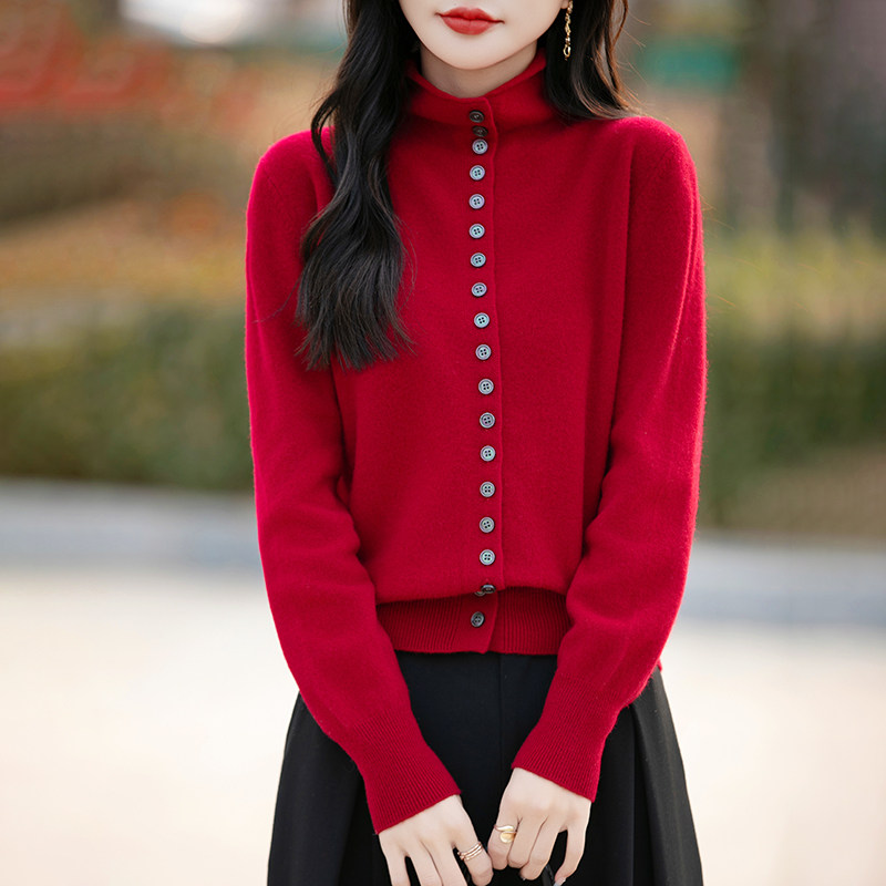 100%纯羊毛衫针织开衫女25秋冬新款高领显瘦毛衣外套多扣外搭上衣